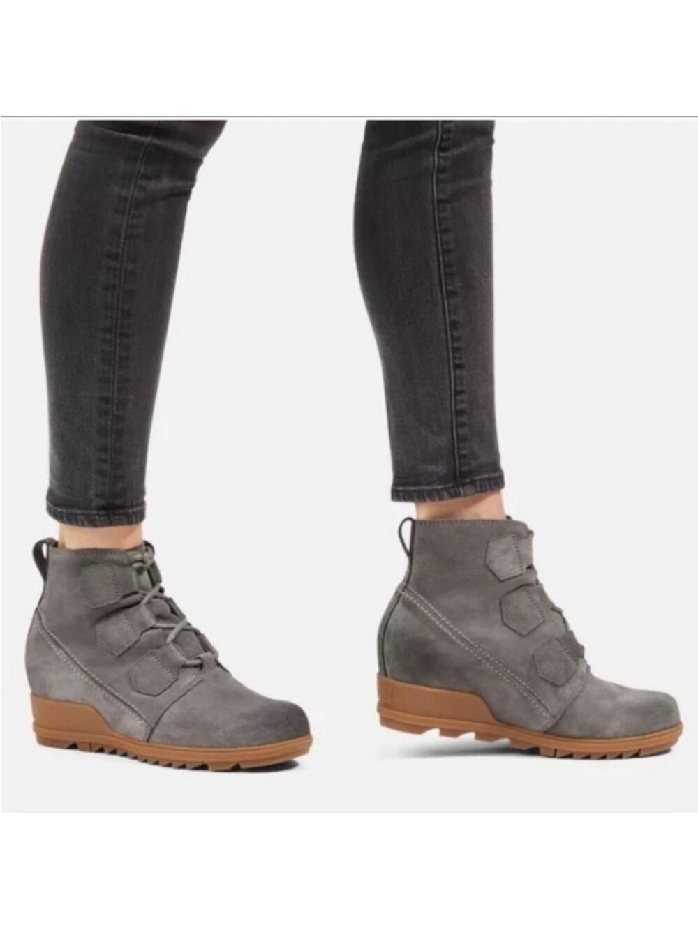 Sorel Evie Gray Suede Lace Up Wedge Ankle Booties Tan Sole 8.5